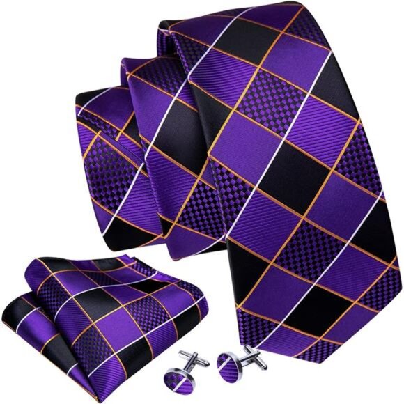 Plaid Ties Check Mens Necktie Set with Handkerchief Cufflinks Classic Stripe - Picture 2 of 8